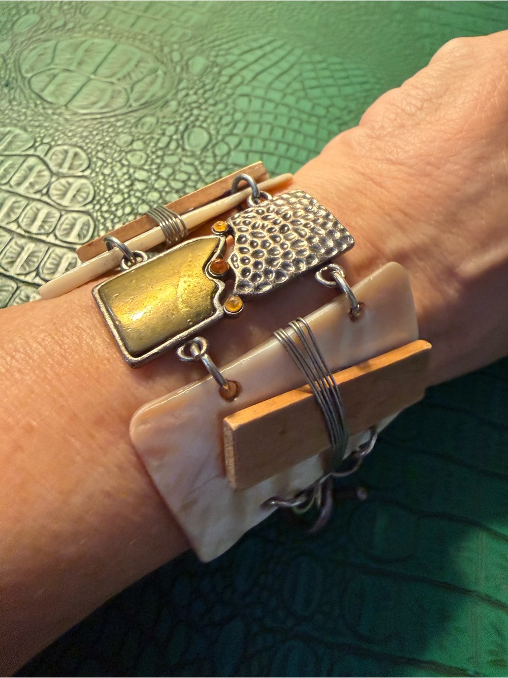 Vintage Hand Made Bracelet MOP ~ Wood ~Brass ~ Toggle Closure